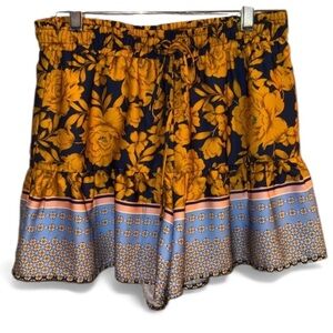 Lavender Brown Floral Shorts ruffled lined small drawstring